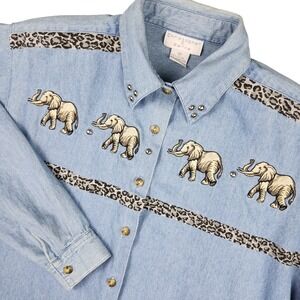 Christopher & Banks Denim Shirt Women Medium Blue Elephant Leopard Print Studded